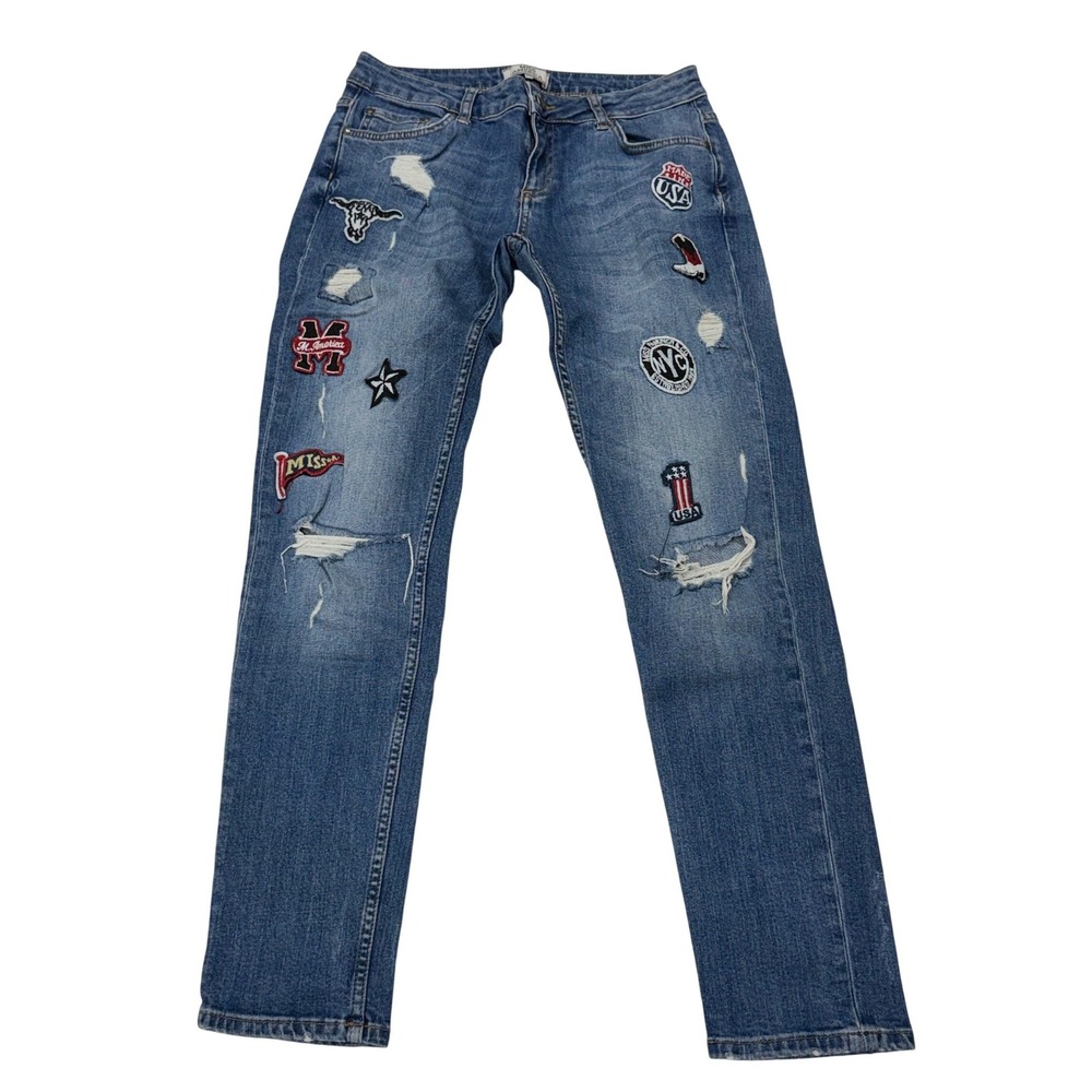 Miss America Patchwork Distressed Skinny Jeans Blue Denim Graphic Punk 38 Womens
